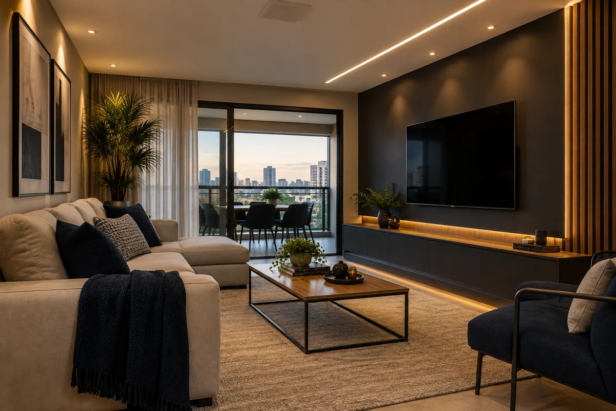 Ambiente residencial com spots e perfis de LED no teto
